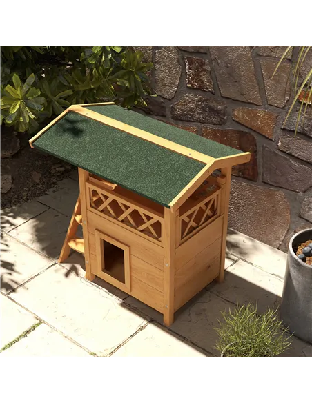 PawHut Cat House Outdoor w/ Balcony Stairs Roof, 77 x 50 x 73 cm, Natural Wood Finish
