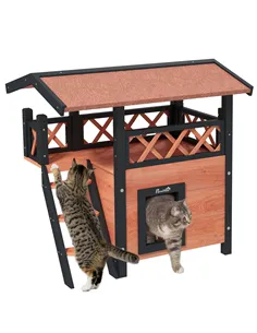 PawHut Cat House Outdoor w/ Balcony Stairs Roof, 77 x 50 x 73 cm, Brown