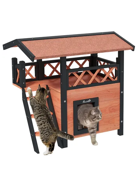 PawHut Cat House Outdoor w/ Balcony Stairs Roof, 77 x 50 x 73 cm, Brown