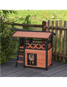 PawHut Cat House Outdoor w/ Balcony Stairs Roof, 77 x 50 x 73 cm, Brown 2