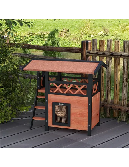 PawHut Cat House Outdoor w/ Balcony Stairs Roof, 77 x 50 x 73 cm, Brown