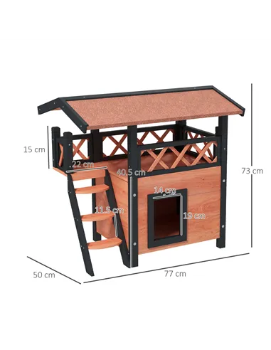 PawHut Cat House Outdoor w/ Balcony Stairs Roof, 77 x 50 x 73 cm, Brown