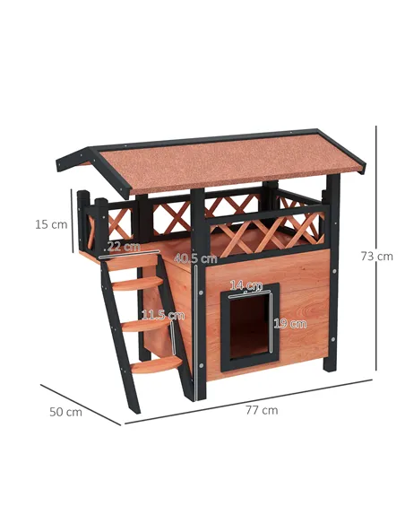 PawHut Cat House Outdoor w/ Balcony Stairs Roof, 77 x 50 x 73 cm, Brown