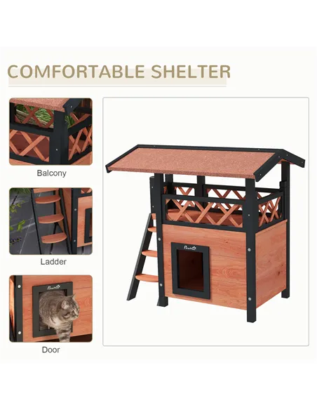 PawHut Cat House Outdoor w/ Balcony Stairs Roof, 77 x 50 x 73 cm, Brown