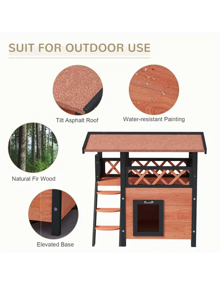 PawHut Cat House Outdoor w/ Balcony Stairs Roof, 77 x 50 x 73 cm, Brown