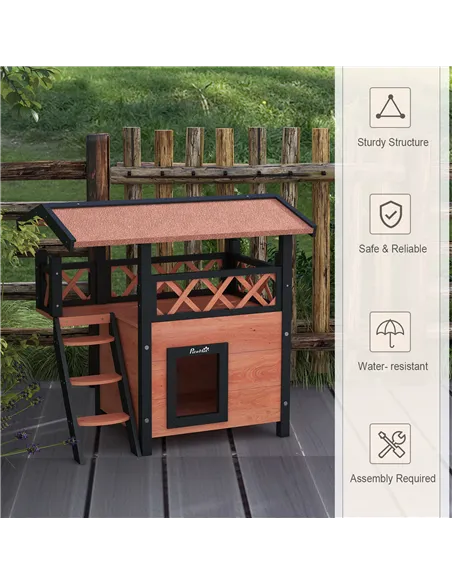 PawHut Cat House Outdoor w/ Balcony Stairs Roof, 77 x 50 x 73 cm, Brown
