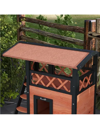 PawHut Cat House Outdoor w/ Balcony Stairs Roof, 77 x 50 x 73 cm, Brown