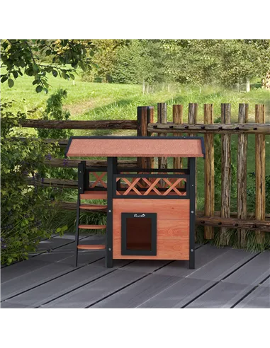 PawHut Cat House Outdoor w/ Balcony Stairs Roof, 77 x 50 x 73 cm, Brown