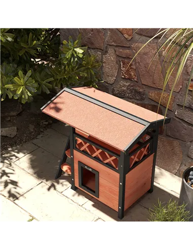 PawHut Cat House Outdoor w/ Balcony Stairs Roof, 77 x 50 x 73 cm, Brown