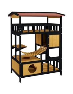 PawHut Outdoor Cat Shelter, Four-Tier Wooden Feral Cat House, with Suspension Bridge, Cat Houses, Balcony, Escape Doors