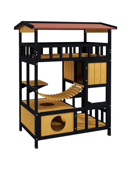 PawHut Outdoor Cat Shelter, Four-Tier Wooden Feral Cat House, with Suspension Bridge, Cat Houses, Balcony, Escape Doors