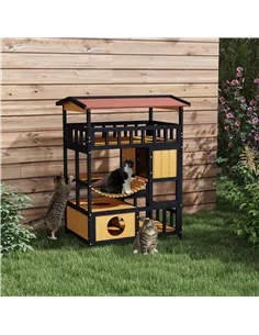 PawHut Outdoor Cat Shelter, Four-Tier Wooden Feral Cat House, with Suspension Bridge, Cat Houses, Balcony, Escape Doors 2