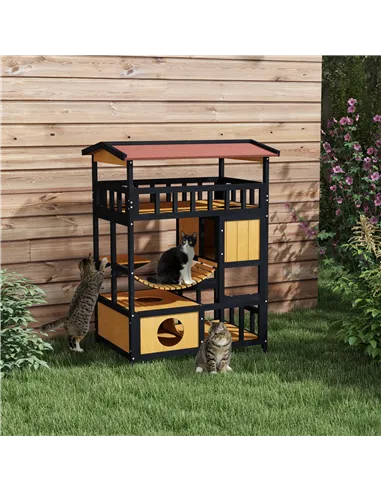 PawHut Outdoor Cat Shelter, Four-Tier Wooden Feral Cat House, with Suspension Bridge, Cat Houses, Balcony, Escape Doors