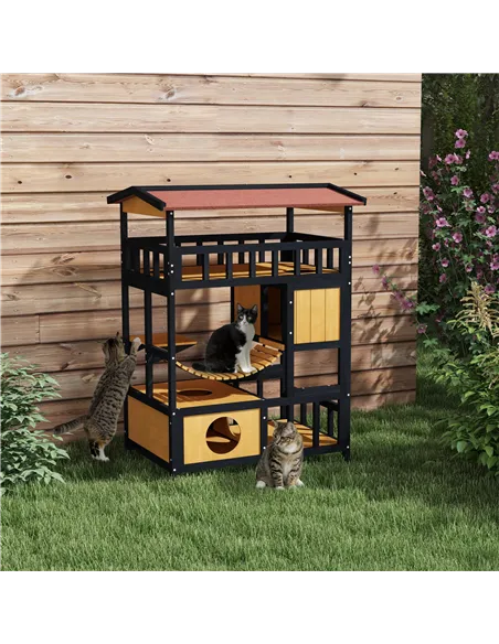 PawHut Outdoor Cat Shelter, Four-Tier Wooden Feral Cat House, with Suspension Bridge, Cat Houses, Balcony, Escape Doors