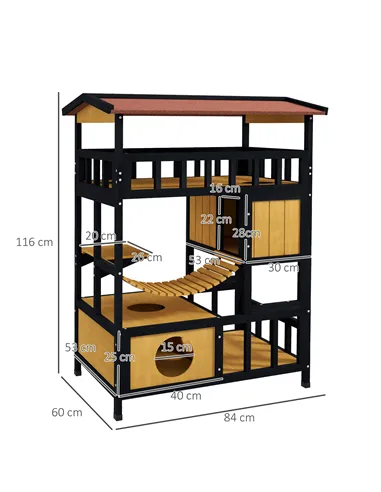 PawHut Outdoor Cat Shelter, Four-Tier Wooden Feral Cat House, with Suspension Bridge, Cat Houses, Balcony, Escape Doors