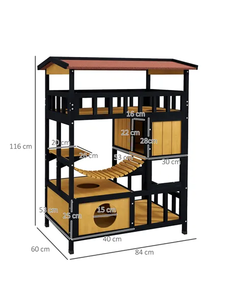 PawHut Outdoor Cat Shelter, Four-Tier Wooden Feral Cat House, with Suspension Bridge, Cat Houses, Balcony, Escape Doors