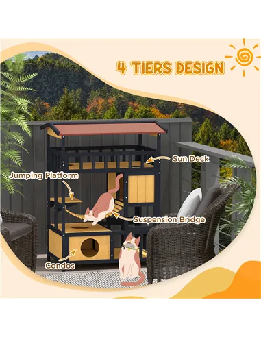 PawHut Outdoor Cat Shelter, Four-Tier Wooden Feral Cat House, with Suspension Bridge, Cat Houses, Balcony, Escape Doors