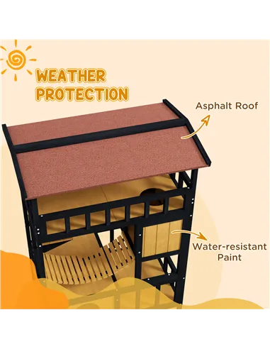 PawHut Outdoor Cat Shelter, Four-Tier Wooden Feral Cat House, with Suspension Bridge, Cat Houses, Balcony, Escape Doors