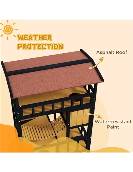 PawHut Outdoor Cat Shelter, Four-Tier Wooden Feral Cat House, with Suspension Bridge, Cat Houses, Balcony, Escape Doors