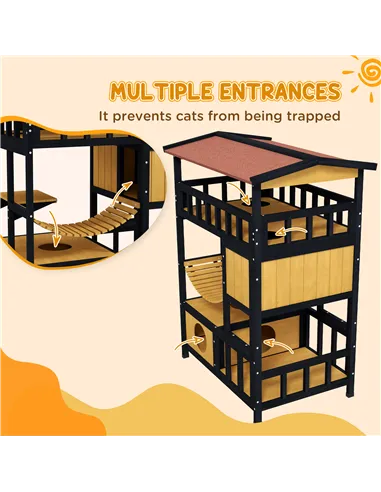 PawHut Outdoor Cat Shelter, Four-Tier Wooden Feral Cat House, with Suspension Bridge, Cat Houses, Balcony, Escape Doors