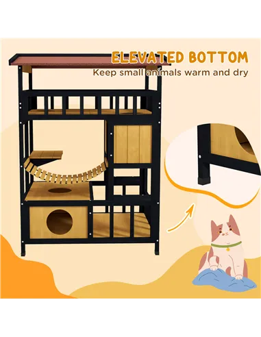 PawHut Outdoor Cat Shelter, Four-Tier Wooden Feral Cat House, with Suspension Bridge, Cat Houses, Balcony, Escape Doors