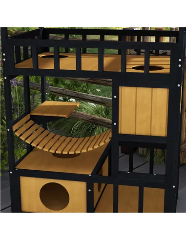 PawHut Outdoor Cat Shelter, Four-Tier Wooden Feral Cat House, with Suspension Bridge, Cat Houses, Balcony, Escape Doors