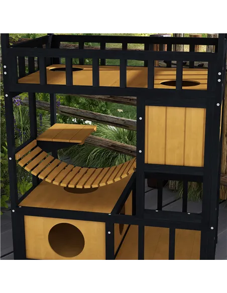 PawHut Outdoor Cat Shelter, Four-Tier Wooden Feral Cat House, with Suspension Bridge, Cat Houses, Balcony, Escape Doors