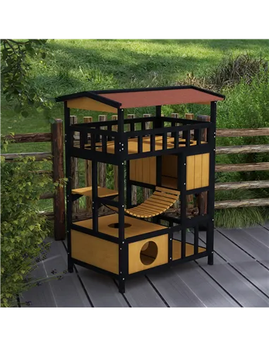 PawHut Outdoor Cat Shelter, Four-Tier Wooden Feral Cat House, with Suspension Bridge, Cat Houses, Balcony, Escape Doors
