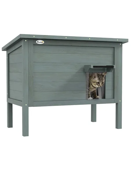 PawHut Feral Cat House, Wooden Insulated with Removable Floor, Water-Resistant Openable Roof - Charcoal Grey