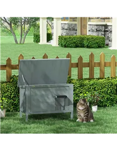 PawHut Feral Cat House, Wooden Insulated with Removable Floor, Water-Resistant Openable Roof - Charcoal Grey 2