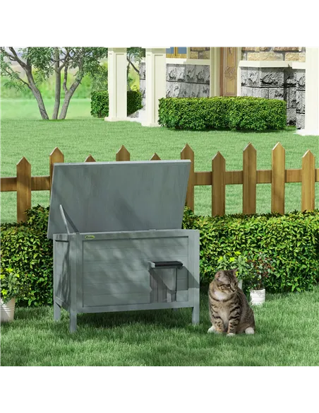 PawHut Feral Cat House, Wooden Insulated with Removable Floor, Water-Resistant Openable Roof - Charcoal Grey