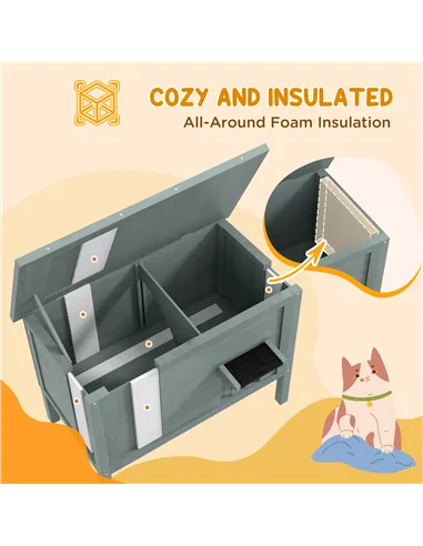 PawHut Feral Cat House, Wooden Insulated with Removable Floor, Water-Resistant Openable Roof - Charcoal Grey