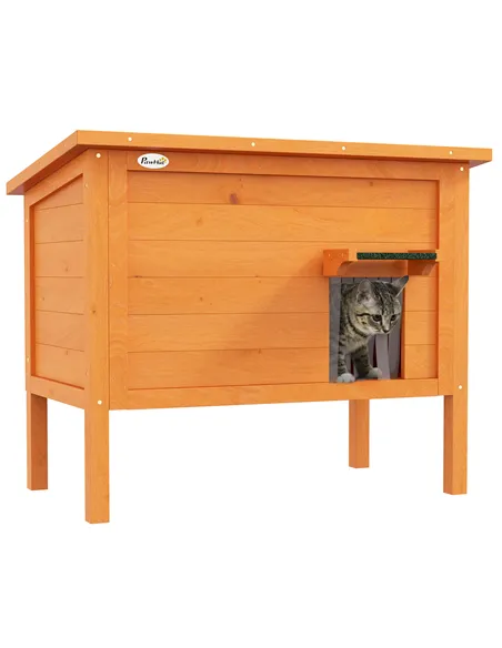 PawHut Feral Cat House, Wooden Insulated with Removable Floor, Water-Resistant Openable Roof - Orange