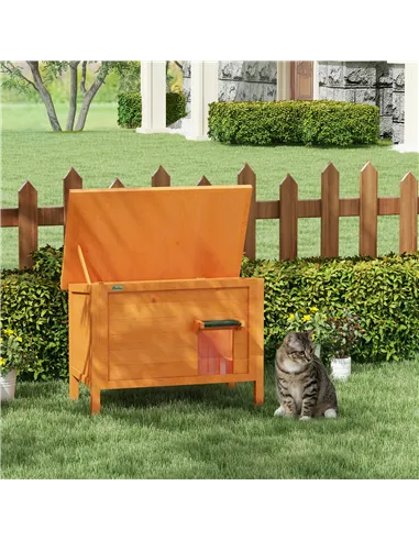 PawHut Feral Cat House, Wooden Insulated with Removable Floor, Water-Resistant Openable Roof - Orange
