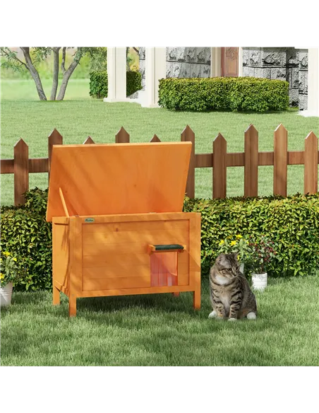 PawHut Feral Cat House, Wooden Insulated with Removable Floor, Water-Resistant Openable Roof - Orange