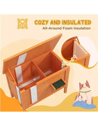 PawHut Feral Cat House, Wooden Insulated with Removable Floor, Water-Resistant Openable Roof - Orange