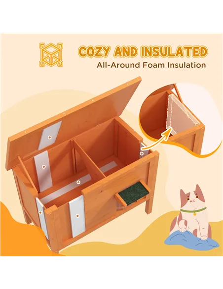 PawHut Feral Cat House, Wooden Insulated with Removable Floor, Water-Resistant Openable Roof - Orange