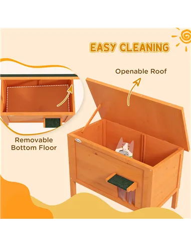 PawHut Feral Cat House, Wooden Insulated with Removable Floor, Water-Resistant Openable Roof - Orange