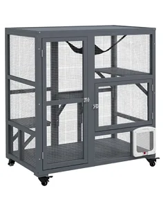 PawHut Cat House, Wooden Indoor Catio Cat Enclosure on Wheels, Wooden Kitty Cage with Platforms, Hammock, Light Grey