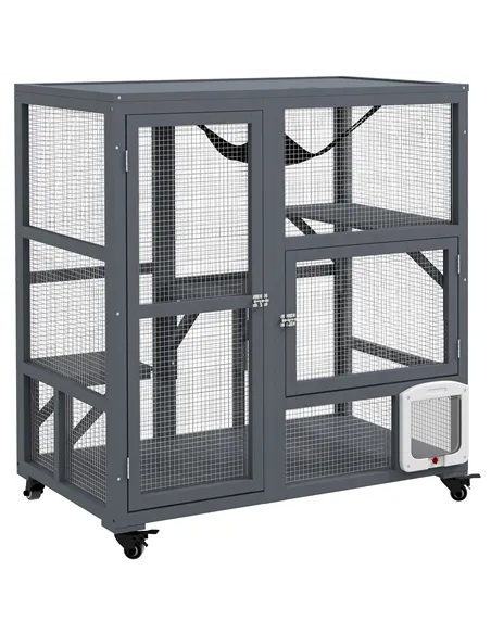 PawHut Cat House, Wooden Indoor Catio Cat Enclosure on Wheels, Wooden Kitty Cage with Platforms, Hammock, Light Grey