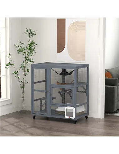 PawHut Cat House, Wooden Indoor Catio Cat Enclosure on Wheels, Wooden Kitty Cage with Platforms, Hammock, Light Grey