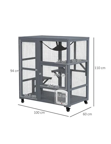 PawHut Cat House, Wooden Indoor Catio Cat Enclosure on Wheels, Wooden Kitty Cage with Platforms, Hammock, Light Grey