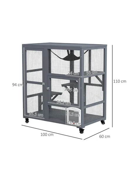 PawHut Cat House, Wooden Indoor Catio Cat Enclosure on Wheels, Wooden Kitty Cage with Platforms, Hammock, Light Grey