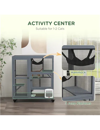 PawHut Cat House, Wooden Indoor Catio Cat Enclosure on Wheels, Wooden Kitty Cage with Platforms, Hammock, Light Grey