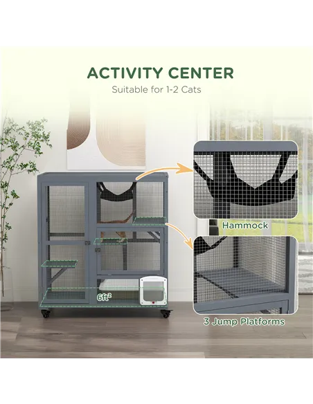 PawHut Cat House, Wooden Indoor Catio Cat Enclosure on Wheels, Wooden Kitty Cage with Platforms, Hammock, Light Grey