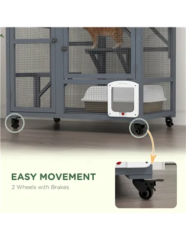 PawHut Cat House, Wooden Indoor Catio Cat Enclosure on Wheels, Wooden Kitty Cage with Platforms, Hammock, Light Grey