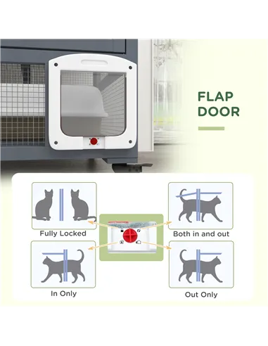 PawHut Cat House, Wooden Indoor Catio Cat Enclosure on Wheels, Wooden Kitty Cage with Platforms, Hammock, Light Grey