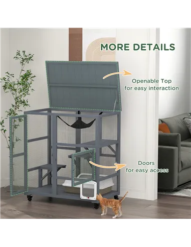 PawHut Cat House, Wooden Indoor Catio Cat Enclosure on Wheels, Wooden Kitty Cage with Platforms, Hammock, Light Grey