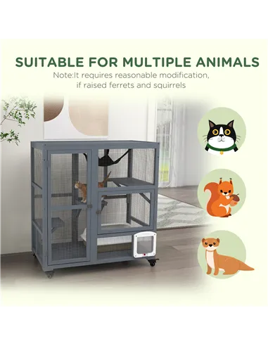 PawHut Cat House, Wooden Indoor Catio Cat Enclosure on Wheels, Wooden Kitty Cage with Platforms, Hammock, Light Grey