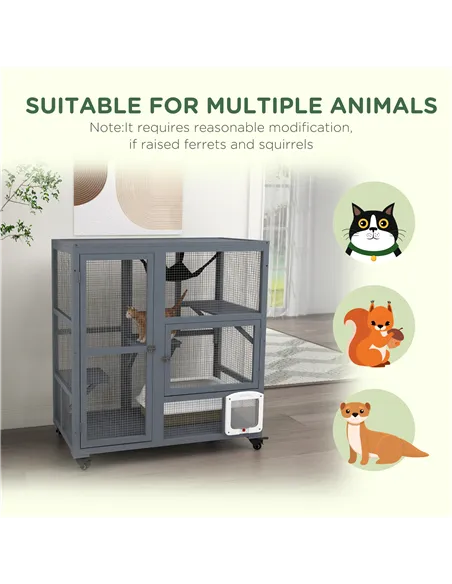 PawHut Cat House, Wooden Indoor Catio Cat Enclosure on Wheels, Wooden Kitty Cage with Platforms, Hammock, Light Grey